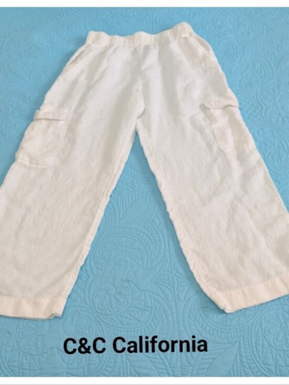 C&C California White Linen Baggy pull-on Wide Leg Cargo Pants 2 snap pockets - Picture 6 of 13